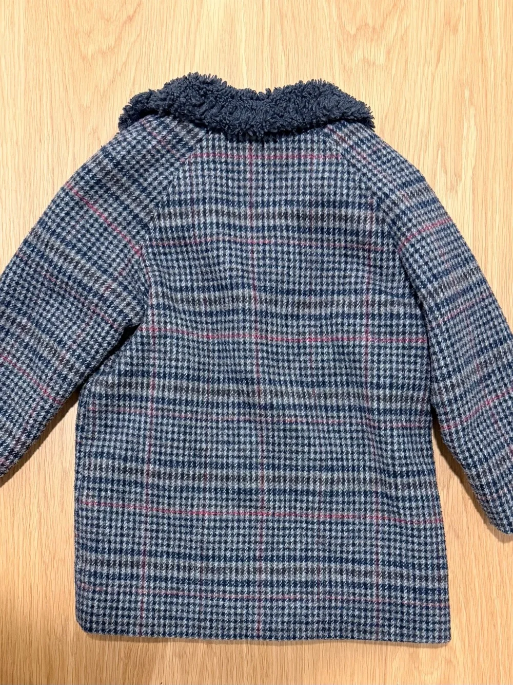 Zara Kids Navy and Red Plaid Coat with Sherpa Collar